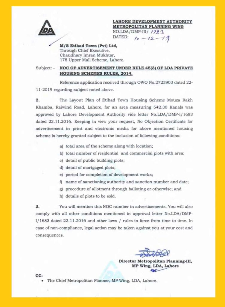Etihad Town Lahore NOC Approved By LDA Lahore Development Authority