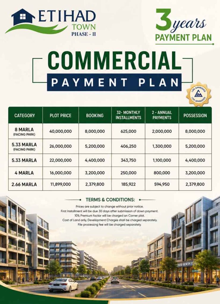 Etihad Town Phase 2 Lahore Commercial Plots Payment Plan