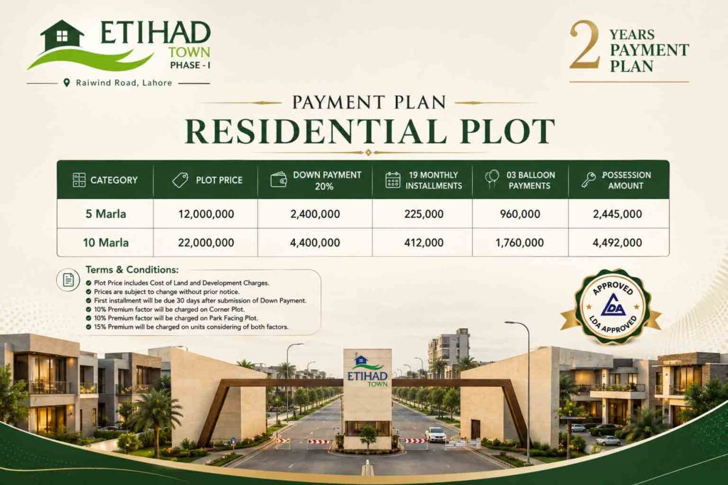 payment plan etihad town phase 1 lahore